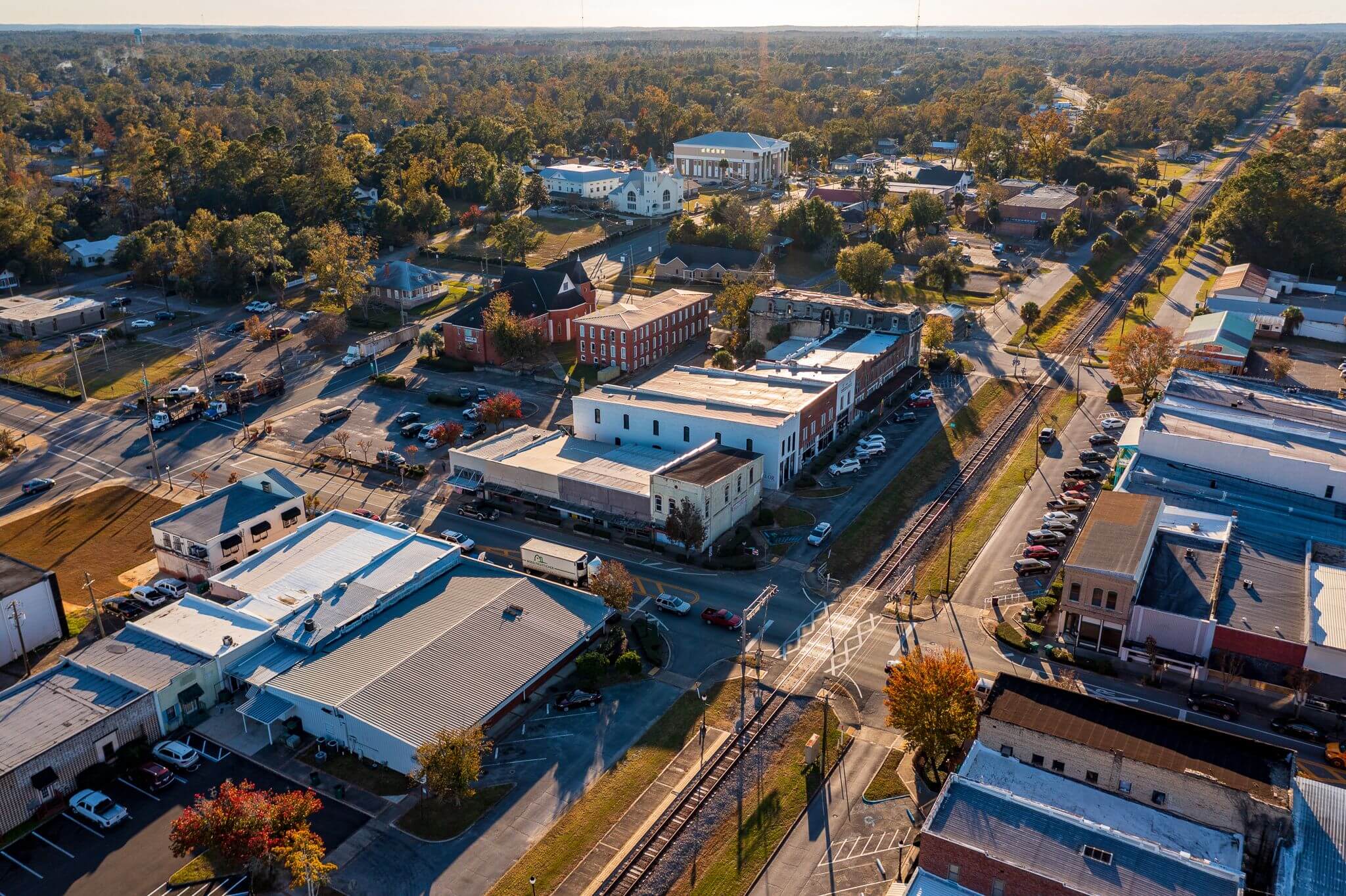 Aerial view of Downtown Chipley at sunset.