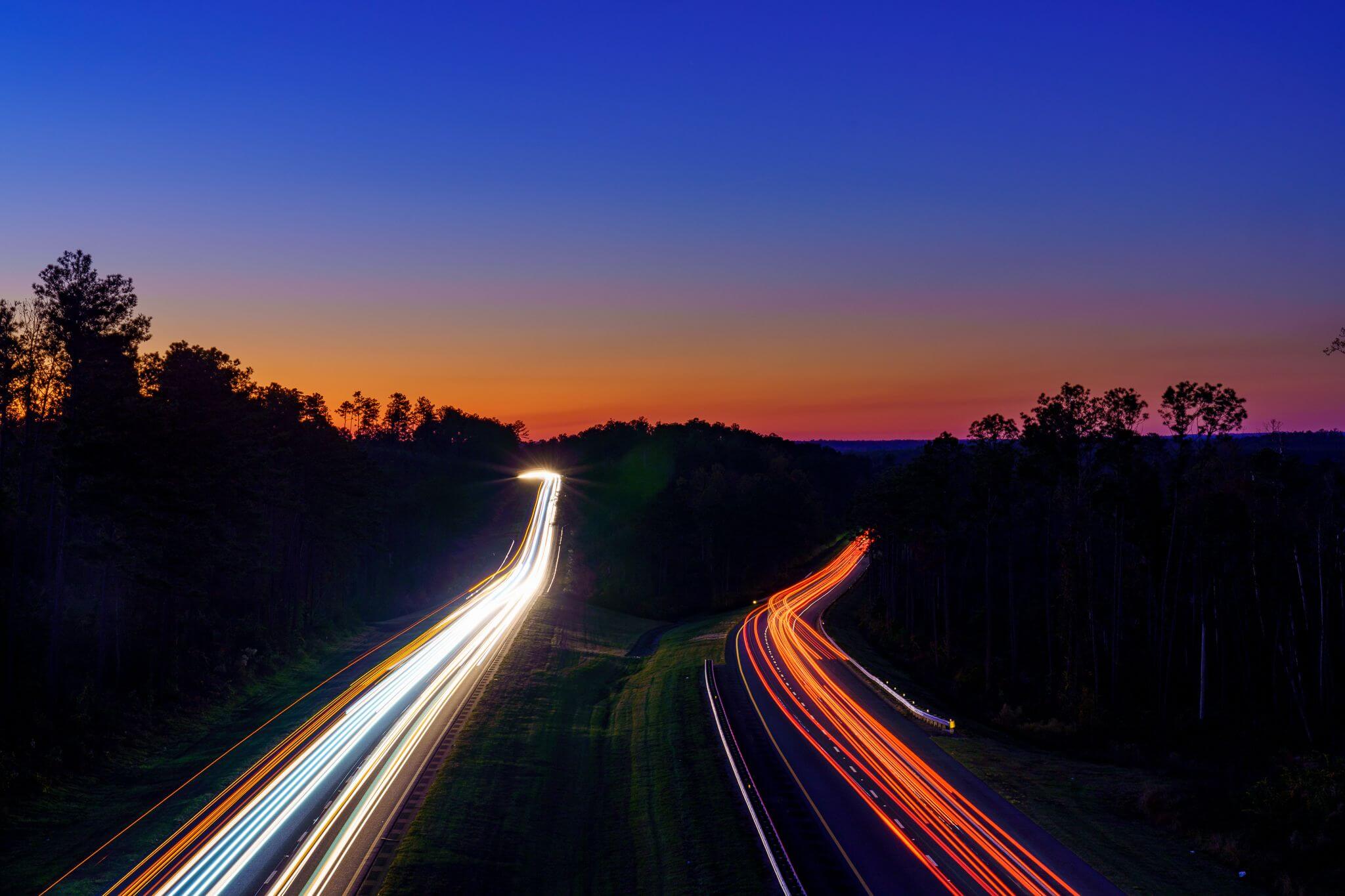 Long exposure image of cars on the interstate.