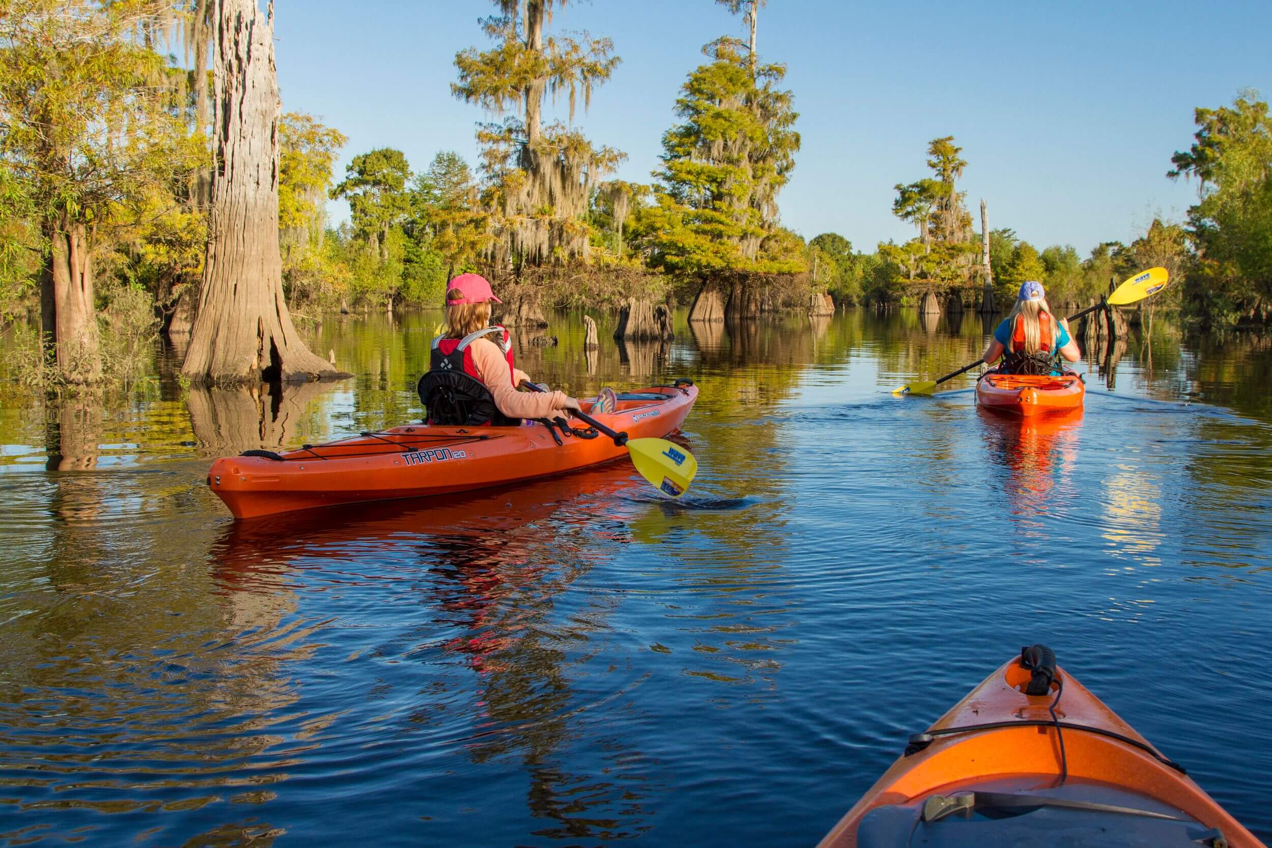 Two people paddle in kayaks down a river.